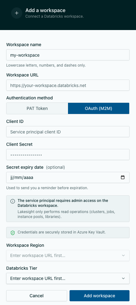 Lakesight — workspace registration can be either using a PAT token or a service principal